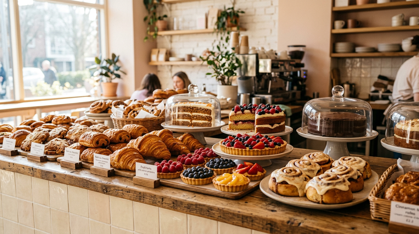 Fresh cakes and pastries at Sweet Crumbs bakery display counter