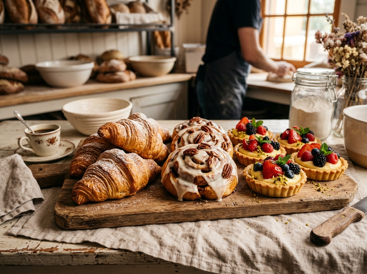 Fresh butter croissants and cinnamon rolls at Sweet Crumbs